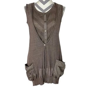 The Izzat Collection Vest Womens Small Taupe Sleeveless Double Cardigan Sweater